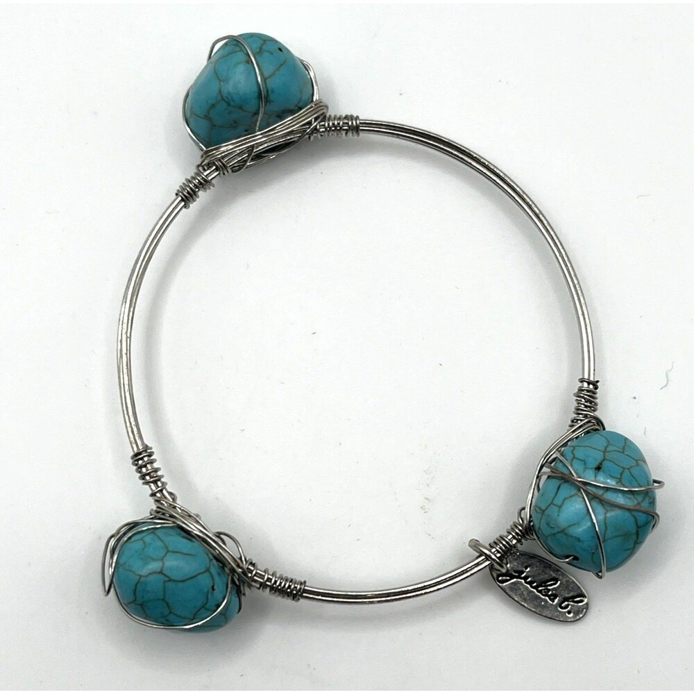 Jules C Turquoise Look Wire Wrapped Bangle Bracelet Boho Artisan Silver Tone